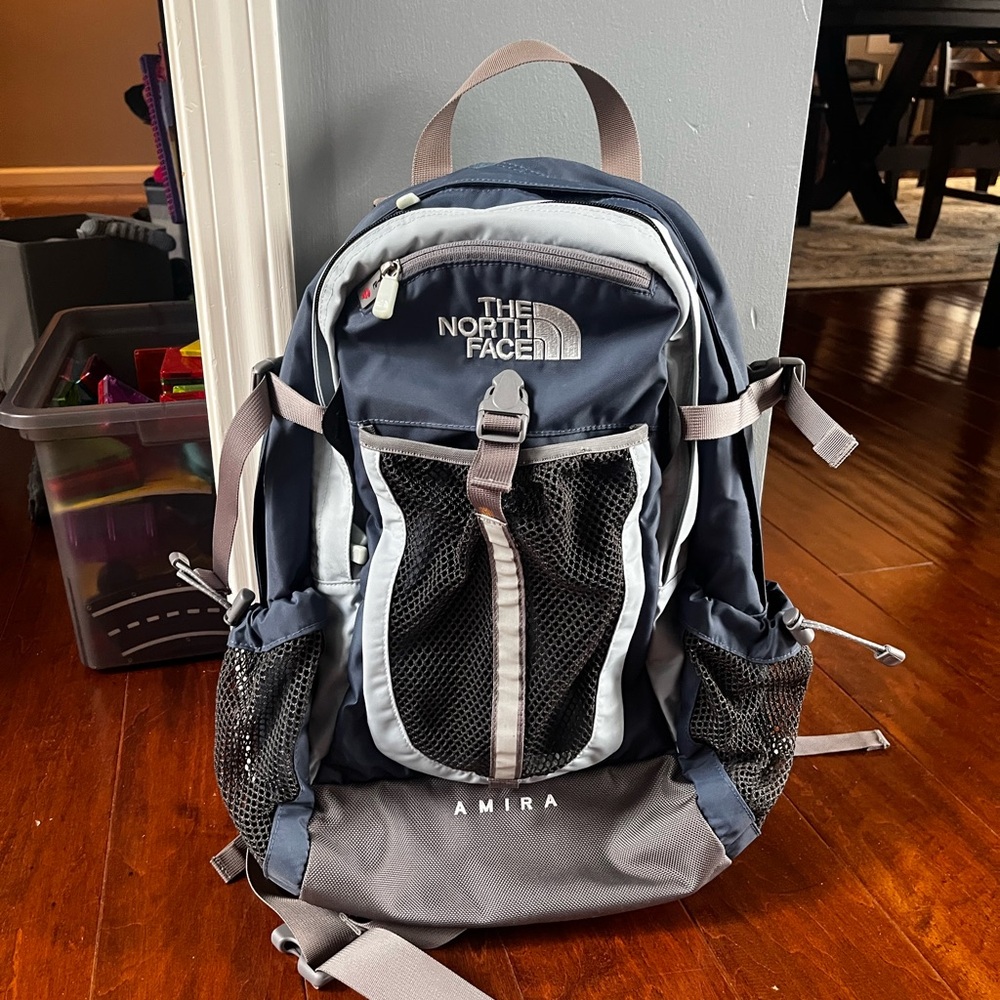The North Face Amira Backpack in Navy and Gray with Mesh Front